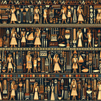 ancient egypt, hieroglyphics, pharaohs, egyptian gods, golden yellow, burnt orange, deep black, terra cotta, geometric patterns, sacred symbols,, fabric panel, archaeological motifs, desert colors, mythological figures, repetitive borders, cultural artwork, historical design, earthy tones, decorative bands