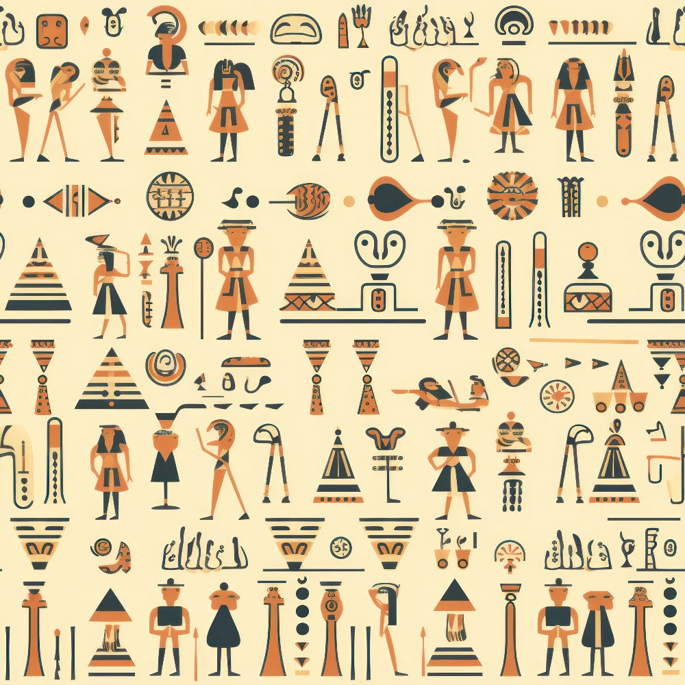 ancient egypt, hieroglyphics, pharaohs, pyramids, egyptian gods, beige background, terracotta orange, black accents, geometric patterns, cultural motifs,, fabric panel, archaeological theme, ancient civilization, egyptian symbols, tribal designs, historical patterns, desert colors, repetitive design, crafting fabric