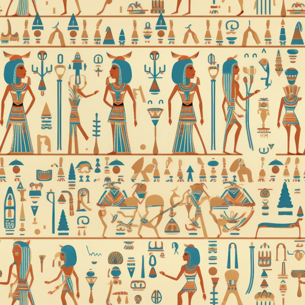 ancient egypt, hieroglyphics, egyptian gods, pharaohs, teal blue, terracotta orange, beige cream, repeating pattern, horizontal bands, mythological figures, egyptian symbols,, fabric panel, ceremonial scenes, ancient civilization, decorative motifs, geometric elements, cultural artwork, historical theme, craft fabric
