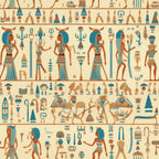 ancient egypt, hieroglyphics, egyptian gods, pharaohs, teal blue, terracotta orange, beige cream, repeating pattern, horizontal bands, mythological figures, egyptian symbols,, fabric panel, ceremonial scenes, ancient civilization, decorative motifs, geometric elements, cultural artwork, historical theme, craft fabric