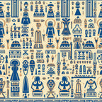 blue, beige, cream, egyptian hieroglyphs, pharaohs, ancient symbols, pyramids, sarcophagus, deities, geometric patterns, archaeological motifs, cultural icons, repetitive design, stylized figures, historical artwork,, fabric panel, seamless pattern, ancient civilization, egyptian gods