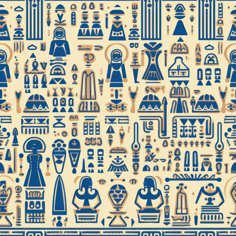 blue, beige, cream, egyptian hieroglyphs, pharaohs, ancient symbols, pyramids, sarcophagus, deities, geometric patterns, archaeological motifs, cultural icons, repetitive design, stylized figures, historical artwork,, fabric panel, seamless pattern, ancient civilization, egyptian gods