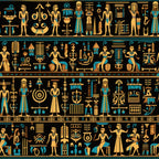 turquoise, golden yellow, black background, egyptian hieroglyphs, pharaohs, ancient gods, egyptian mythology, geometric patterns, cotton fabric, quilting panel, horizontal stripes, decorative symbols, ancient civilization, stylized figures, ornamental design, repeating motifs, cultural artwork, fabric crafting, sewing material