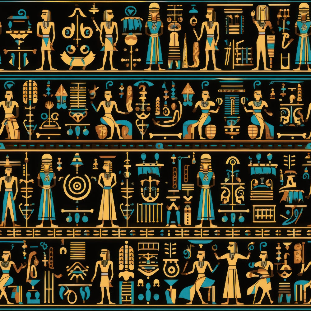 turquoise, golden yellow, black background, egyptian hieroglyphs, pharaohs, ancient gods, egyptian mythology, geometric patterns, cotton fabric, quilting panel, horizontal stripes, decorative symbols, ancient civilization, stylized figures, ornamental design, repeating motifs, cultural artwork, fabric crafting, sewing material