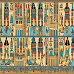 turquoise, teal, red, orange, beige, tan, egyptian hieroglyphs, pharaohs, gods, goddesses, ancient figures, geometric patterns, striped designs, mythological creatures, papyrus style, archaeological motif,, fabric panel, cultural artwork, repeating pattern, horizontal bands, ancient civilization, decorative borders