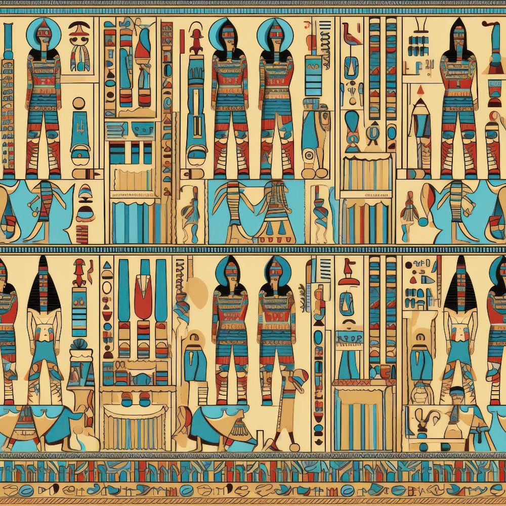 turquoise, teal, red, orange, beige, tan, egyptian hieroglyphs, pharaohs, gods, goddesses, ancient figures, geometric patterns, striped designs, mythological creatures, papyrus style, archaeological motif,, fabric panel, cultural artwork, repeating pattern, horizontal bands, ancient civilization, decorative borders