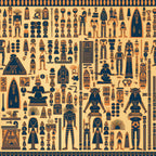 egyptian hieroglyphics, ancient symbols, pharaohs, gods and goddesses, pyramids, ankh symbols, scarab beetles, eye of horus, mummies, canopic jars, egyptian deities, sphinx figures, papyrus columns, sarcophagus, ritual objects, temple motifs, orange background, dark blue figures, geometric patterns,, fabric panel, ancient civilization, mythological creatures, egyptian art style