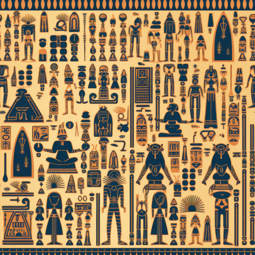 egyptian hieroglyphics, ancient symbols, pharaohs, gods and goddesses, pyramids, ankh symbols, scarab beetles, eye of horus, mummies, canopic jars, egyptian deities, sphinx figures, papyrus columns, sarcophagus, ritual objects, temple motifs, orange background, dark blue figures, geometric patterns,, fabric panel, ancient civilization, mythological creatures, egyptian art style