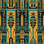 ancient egypt, egyptian motifs, hieroglyphic style, geometric patterns, turquoise blue, golden yellow, orange accents, black outlines, symmetrical design, pharaoh symbols, egyptian columns, sacred imagery, decorative borders, repeating pattern,, fabric panel, archaeological theme, ancient civilization, ornate details, cultural artwork
