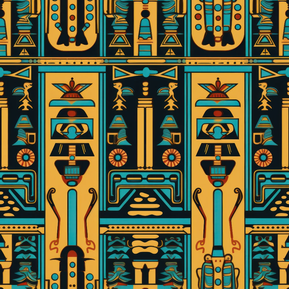 ancient egypt, egyptian motifs, hieroglyphic style, geometric patterns, turquoise blue, golden yellow, orange accents, black outlines, symmetrical design, pharaoh symbols, egyptian columns, sacred imagery, decorative borders, repeating pattern,, fabric panel, archaeological theme, ancient civilization, ornate details, cultural artwork