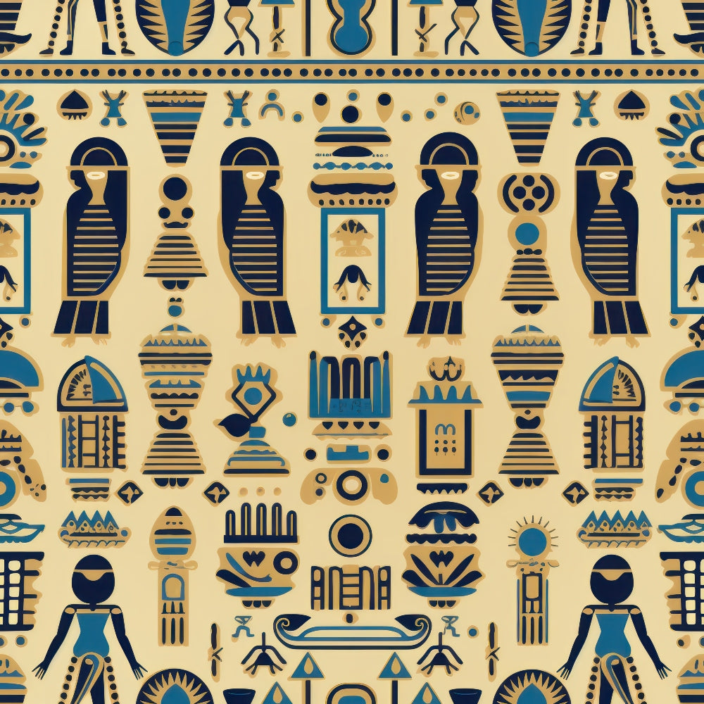 ancient egypt, hieroglyphics, egyptian symbols, pharaoh figures, pyramids, sacred birds, ankh symbols, golden beige, teal blue, navy blue, geometric patterns, repeating motifs, cultural imagery,, fabric panel, mythological designs, desert colors, archaeological art, stylized figures, ornamental borders