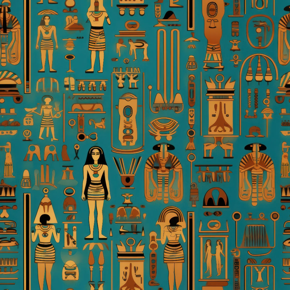 teal background, golden orange, ancient egypt, hieroglyphics, pharaohs, egyptian figures, pyramids, ankh symbols, scarab beetles, lotus flowers, egyptian gods, cartouches, papyrus columns, geometric patterns, antiquity themed,, fabric panel, archaeological motifs, desert civilization, mythological symbols