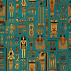 teal background, golden orange, ancient egypt, hieroglyphics, pharaohs, egyptian figures, pyramids, ankh symbols, scarab beetles, lotus flowers, egyptian gods, cartouches, papyrus columns, geometric patterns, antiquity themed,, fabric panel, archaeological motifs, desert civilization, mythological symbols
