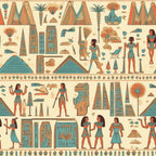turquoise, terracotta, beige, cream, orange, egyptian hieroglyphs, pyramids, pharaohs, ancient figures, obelisks, lotus flowers, papyrus, sarcophagus, egyptian gods, birds, geometric borders, archaeological motifs,, fabric panel, ancient civilization, decorative patterns, stylized artwork, cultural symbols, repetitive design