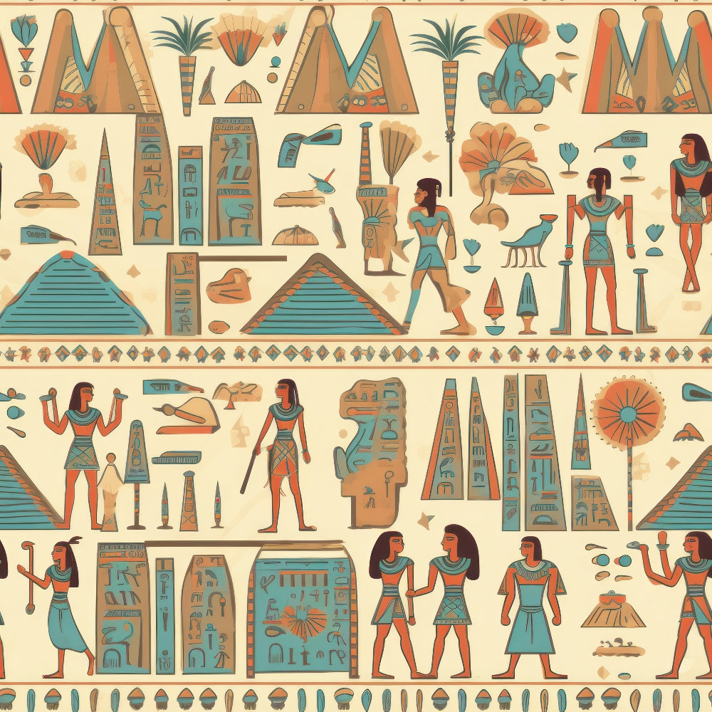 turquoise, terracotta, beige, cream, orange, egyptian hieroglyphs, pyramids, pharaohs, ancient figures, obelisks, lotus flowers, papyrus, sarcophagus, egyptian gods, birds, geometric borders, archaeological motifs,, fabric panel, ancient civilization, decorative patterns, stylized artwork, cultural symbols, repetitive design