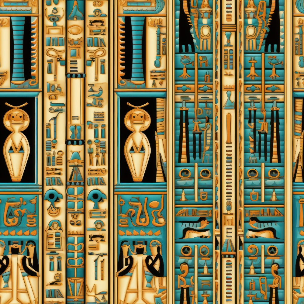 turquoise, gold, ancient egypt, hieroglyphics, egyptian gods, pharaoh figures, canopic jars, ankh symbols, egyptian mythology,, fabric panel, archaeological art, sacred symbols, desert colors, ornate patterns, historical motifs, egyptian deities, ancient civilization, decorative borders, stylized figures