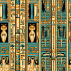 turquoise, gold, ancient egypt, hieroglyphics, egyptian gods, pharaoh figures, canopic jars, ankh symbols, egyptian mythology,, fabric panel, archaeological art, sacred symbols, desert colors, ornate patterns, historical motifs, egyptian deities, ancient civilization, decorative borders, stylized figures