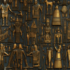 golden bronze, teal blue, ancient egypt, pharaohs, egyptian gods, hieroglyphics, pyramids, sphinx, ankh symbols, egyptian figures, metallic finish, archaeological motifs, cotton fabric, quilting panel, repetitive pattern, museum style, antique bronze, egyptian mythology, sacred symbols, historical design