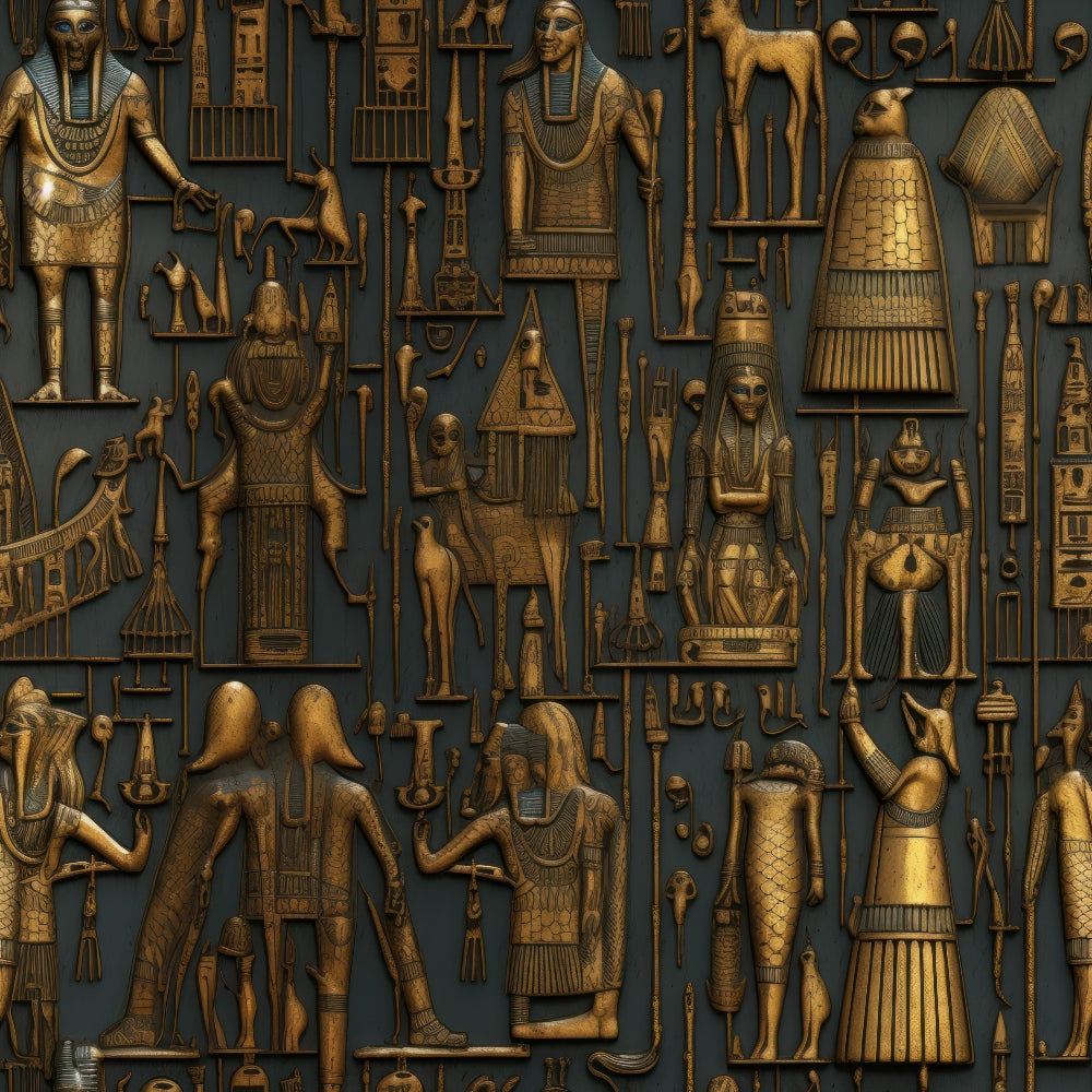 golden bronze, teal blue, ancient egypt, pharaohs, egyptian gods, hieroglyphics, pyramids, sphinx, ankh symbols, egyptian figures, metallic finish, archaeological motifs, cotton fabric, quilting panel, repetitive pattern, museum style, antique bronze, egyptian mythology, sacred symbols, historical design