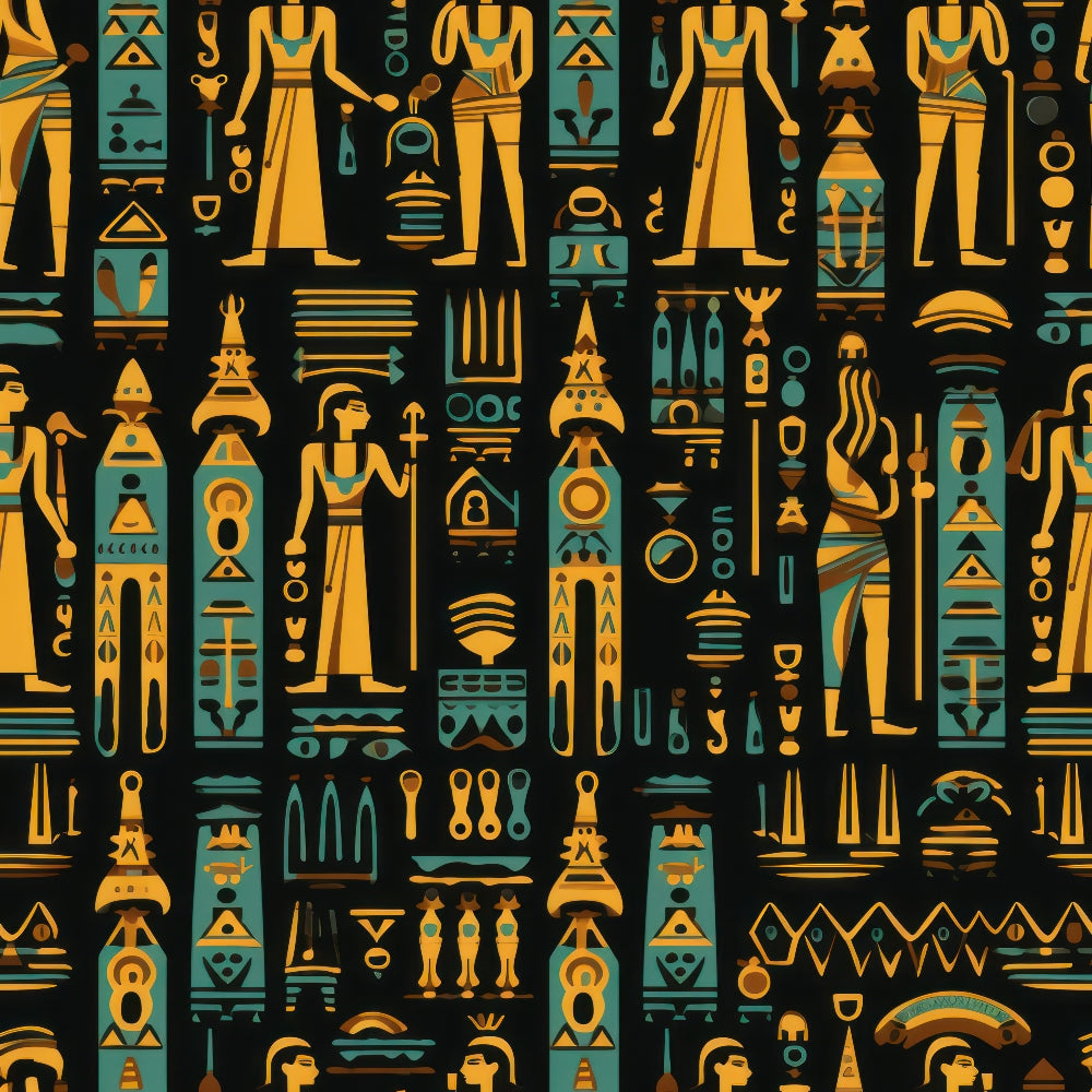 golden yellow, teal blue, black background, egyptian hieroglyphs, pharaoh figures, ancient symbols, geometric patterns, repeating motifs, stylized characters, archaeological theme, antiquity design,, fabric panel, cultural artwork, historical pattern, decorative elements, tribal motifs, ceremonial figures, artistic illustration, craft material