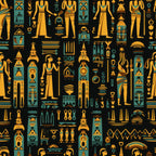 golden yellow, teal blue, black background, egyptian hieroglyphs, pharaoh figures, ancient symbols, geometric patterns, repeating motifs, stylized characters, archaeological theme, antiquity design,, fabric panel, cultural artwork, historical pattern, decorative elements, tribal motifs, ceremonial figures, artistic illustration, craft material