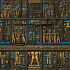 egyptian hieroglyphs, ancient egypt, turquoise blue, golden bronze, pharaoh figures, sacred symbols, ankh symbols, egyptian gods, cartouche panels, hieroglyphic writing, rectangular sections, geometric borders, cultural motifs,, fabric panel, archaeological theme, museum style, decorative borders, symmetrical layout, mystical atmosphere