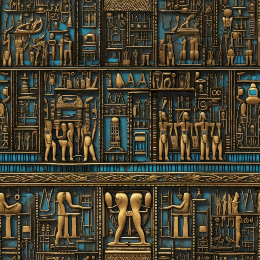 egyptian hieroglyphs, ancient egypt, turquoise blue, golden bronze, pharaoh figures, sacred symbols, ankh symbols, egyptian gods, cartouche panels, hieroglyphic writing, rectangular sections, geometric borders, cultural motifs,, fabric panel, archaeological theme, museum style, decorative borders, symmetrical layout, mystical atmosphere