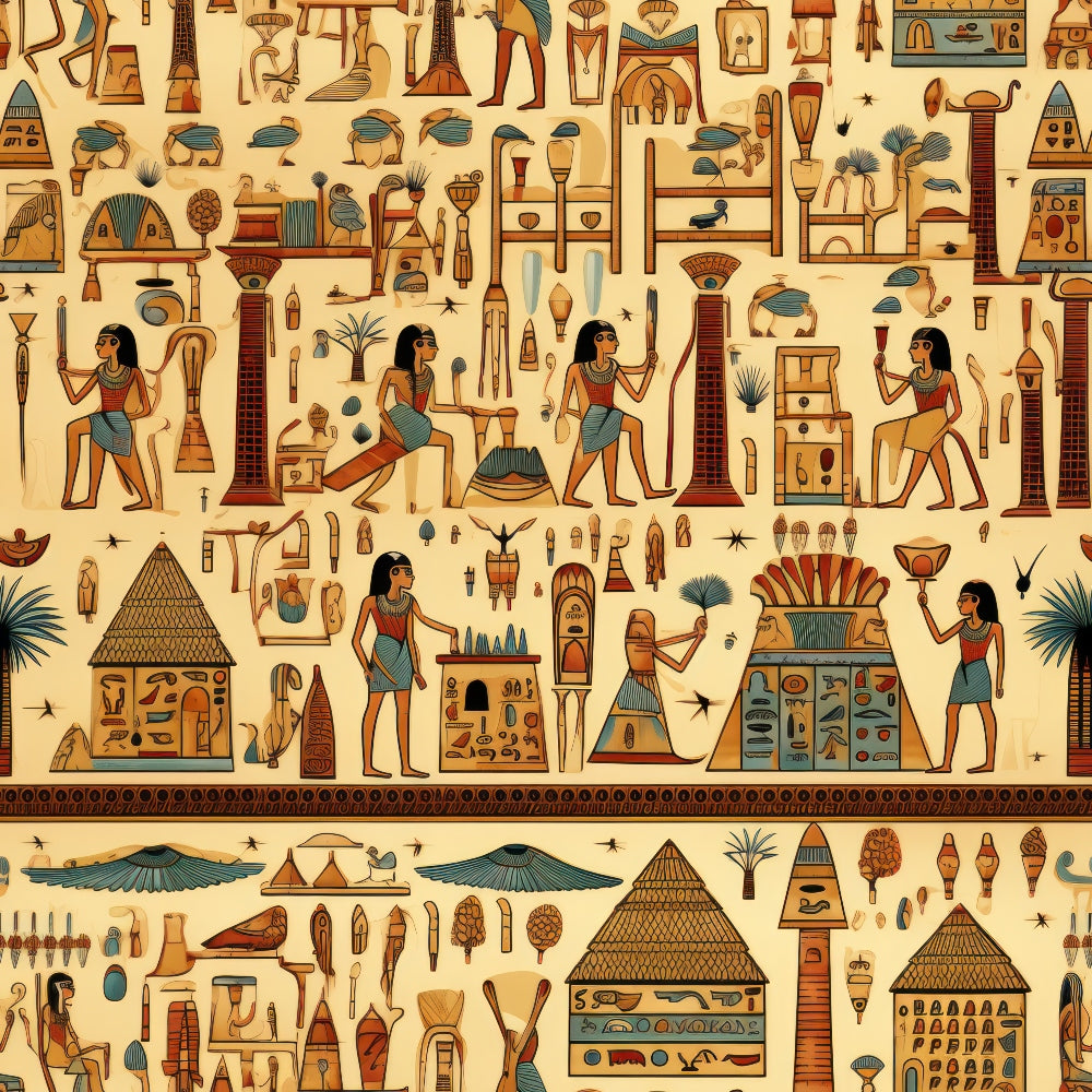 ancient egypt, hieroglyphics, pharaohs, pyramids, egyptian gods, papyrus background, beige, teal, terracotta, gold accents,, fabric panel, archaeological motifs, nile symbols, ankh symbols, egyptian columns, desert palette, antiquated style, historical design, cotton fabric