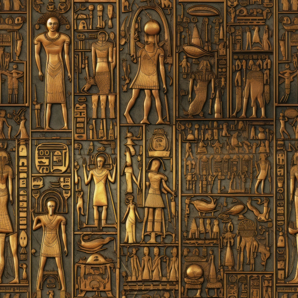 ancient egypt, hieroglyphics, pharaohs, egyptian gods, golden brown, bronze tones, amber colors, relief carvings, archaeological motifs, egyptian figures, sacred symbols,, fabric panel, ancient civilization, textured appearance, raised relief, historical patterns, egyptian mythology, desert tones, antiqued finish