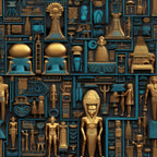 teal blue, golden bronze, ancient egypt, egyptian artifacts, pharaoh figures, hieroglyphic motifs, museum display, geometric compartments, archaeological treasures,, fabric panel, antiquity theme, cultural patterns, historic artifacts, egyptian mythology, compartmentalized design, turquoise accents, bronze metallic, ancient civilization, decorative objects