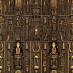 ancient egypt, hieroglyphics, golden bronze, metallic finish, pharaoh symbols, egyptian gods, ankh symbols, geometric patterns, archaeological motifs, desert colors, antiqued gold, carved relief, mystical symbols,, fabric panel, historical artwork, amber tones, cultural patterns, ancient civilization, dimensional texture