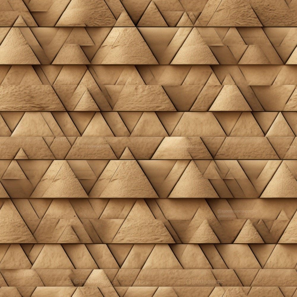 golden brown, triangular pattern, geometric design, pyramid shapes, ancient egypt, archaeological motif, sandy beige, three dimensional, repetitive pattern, tessellated triangles, desert tones,, fabric panel, egyptian inspired, warm earth tones, layered triangles, angular geometry, architectural pattern, camel colored, honeyed amber