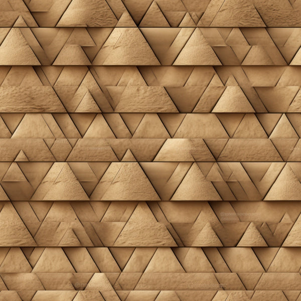 golden brown, triangular pattern, geometric design, pyramid shapes, ancient egypt, archaeological motif, sandy beige, three dimensional, repetitive pattern, tessellated triangles, desert tones,, fabric panel, egyptian inspired, warm earth tones, layered triangles, angular geometry, architectural pattern, camel colored, honeyed amber