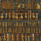 ancient egypt, hieroglyphics, pharaohs, golden yellow, teal blue, egyptian gods, winged deities, ceremonial figures, papyrus scrolls, canopic jars, egyptian artifacts, religious symbols, horizontal bands, repeating motifs,, fabric panel, archaeological theme, museum style, ornate details, dynasty art