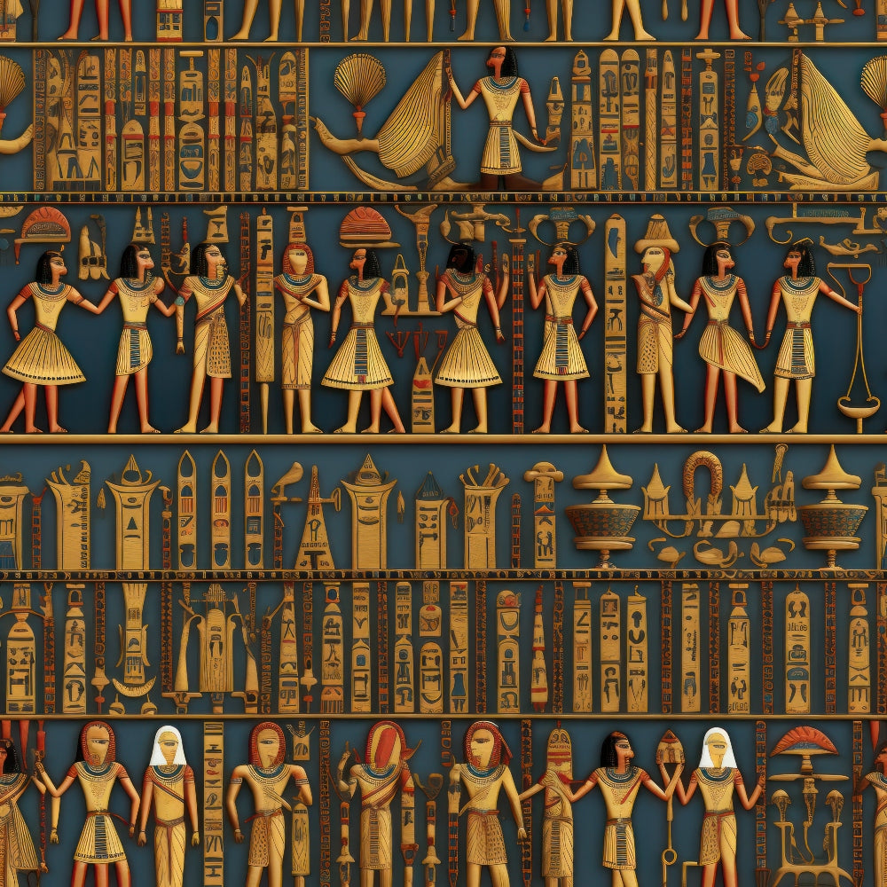 ancient egypt, hieroglyphics, pharaohs, golden yellow, teal blue, egyptian gods, winged deities, ceremonial figures, papyrus scrolls, canopic jars, egyptian artifacts, religious symbols, horizontal bands, repeating motifs,, fabric panel, archaeological theme, museum style, ornate details, dynasty art