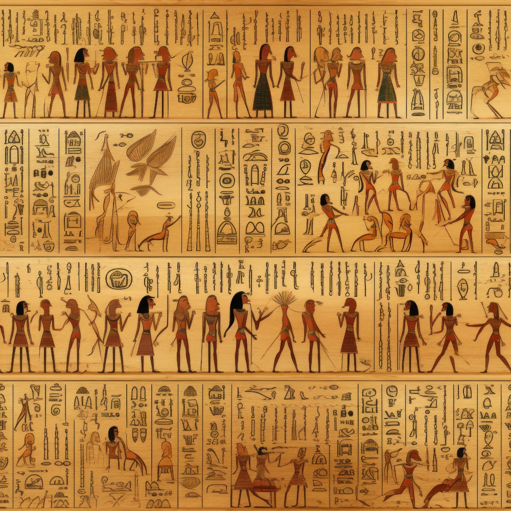 golden yellow, terracotta brown, ancient egypt, hieroglyphics, egyptian figures, pharaohs, gods, procession scenes, papyrus style, archaeological motifs,, fabric panel, historical art, desert tones, walking figures, ceremonial scenes, ancient civilization, egyptian mythology, warm earth tones, cultural artwork