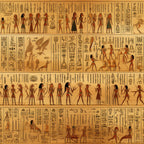 golden yellow, terracotta brown, ancient egypt, hieroglyphics, egyptian figures, pharaohs, gods, procession scenes, papyrus style, archaeological motifs,, fabric panel, historical art, desert tones, walking figures, ceremonial scenes, ancient civilization, egyptian mythology, warm earth tones, cultural artwork
