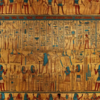 ancient egypt, hieroglyphics, egyptian figures, pharaohs, gods, goddesses, papyrus style, golden yellow, teal blue, rust red, earthtone palette, archaeological motifs, tomb painting style,, fabric panel, historical pattern, desert colors, egyptian art, sacred symbols, ancient civilization