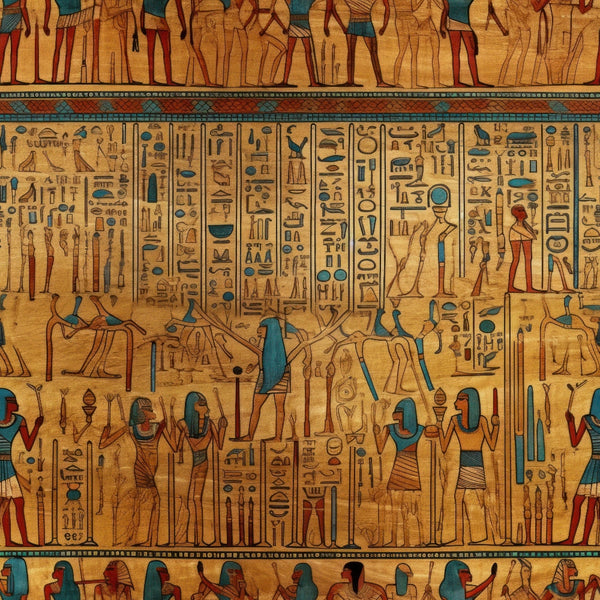 ancient egypt, hieroglyphics, egyptian figures, pharaohs, gods, goddesses, papyrus style, golden yellow, teal blue, rust red, earthtone palette, archaeological motifs, tomb painting style,, fabric panel, historical pattern, desert colors, egyptian art, sacred symbols, ancient civilization
