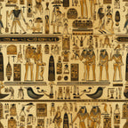 beige, tan, brown, black, ancient egypt, hieroglyphics, pharaohs, egyptian gods, pyramids, birds, scarabs, mummies, papyrus style, horizontal stripes,, fabric panel, archaeological motifs, desert tones, mythological figures, cartouches