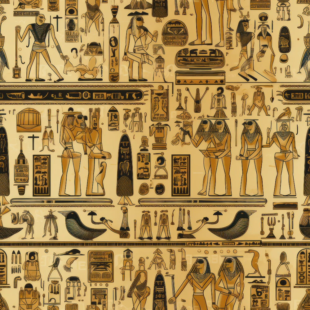 beige, tan, brown, black, ancient egypt, hieroglyphics, pharaohs, egyptian gods, pyramids, birds, scarabs, mummies, papyrus style, horizontal stripes,, fabric panel, archaeological motifs, desert tones, mythological figures, cartouches