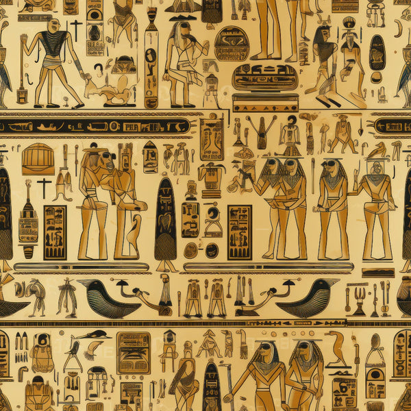 beige, tan, brown, black, ancient egypt, hieroglyphics, pharaohs, egyptian gods, pyramids, birds, scarabs, mummies, papyrus style, horizontal stripes,, fabric panel, archaeological motifs, desert tones, mythological figures, cartouches