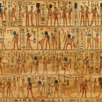 ancient egypt, hieroglyphics, papyrus background, egyptian figures, pharaohs, gods, beige, tan, orange, red accents, black details, mythological scenes, egyptian art style,, fabric panel, historical motifs, ancient civilization, decorative borders, storytelling scenes, cultural imagery