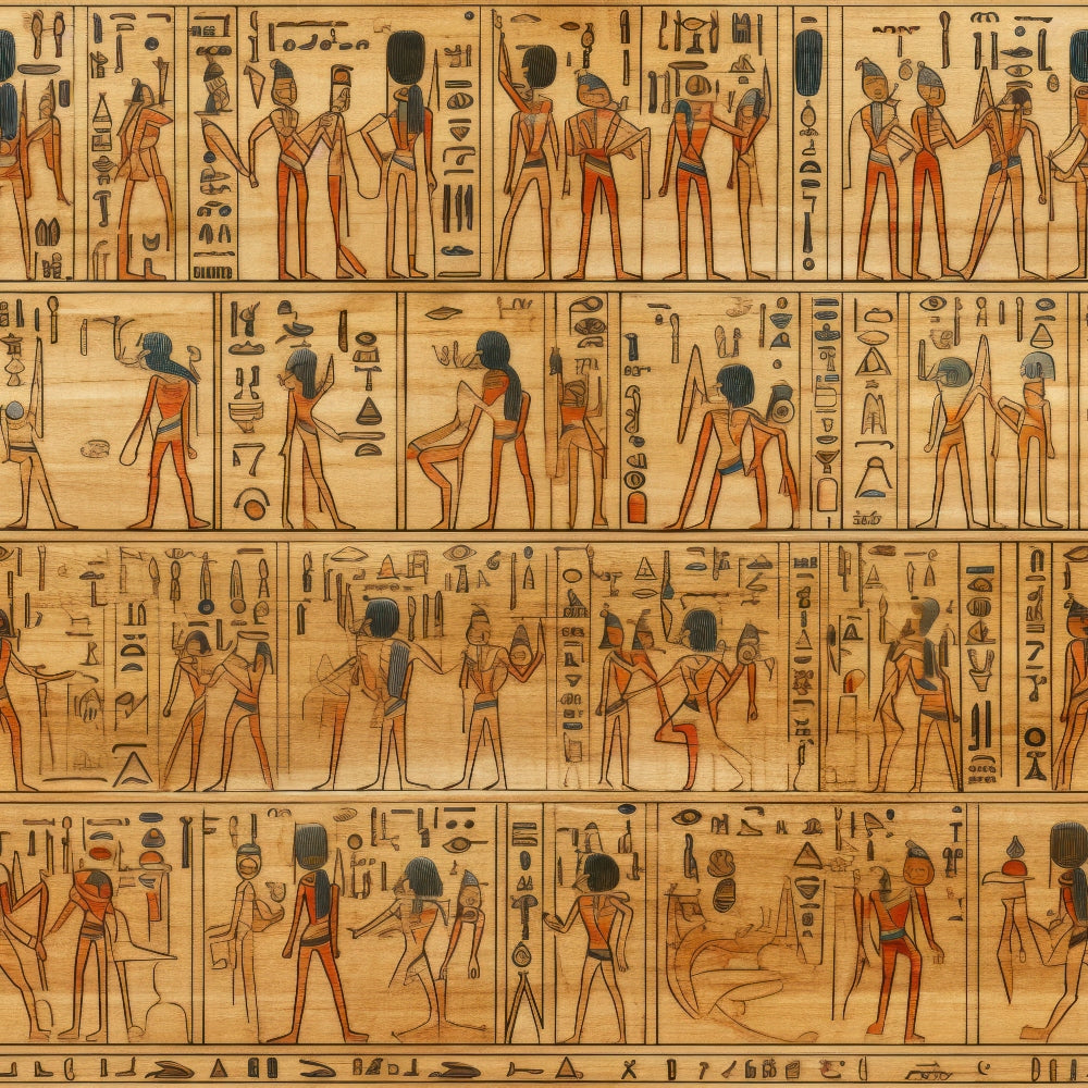 ancient egypt, hieroglyphics, papyrus background, egyptian figures, pharaohs, gods, beige, tan, orange, red accents, black details, mythological scenes, egyptian art style,, fabric panel, historical motifs, ancient civilization, decorative borders, storytelling scenes, cultural imagery