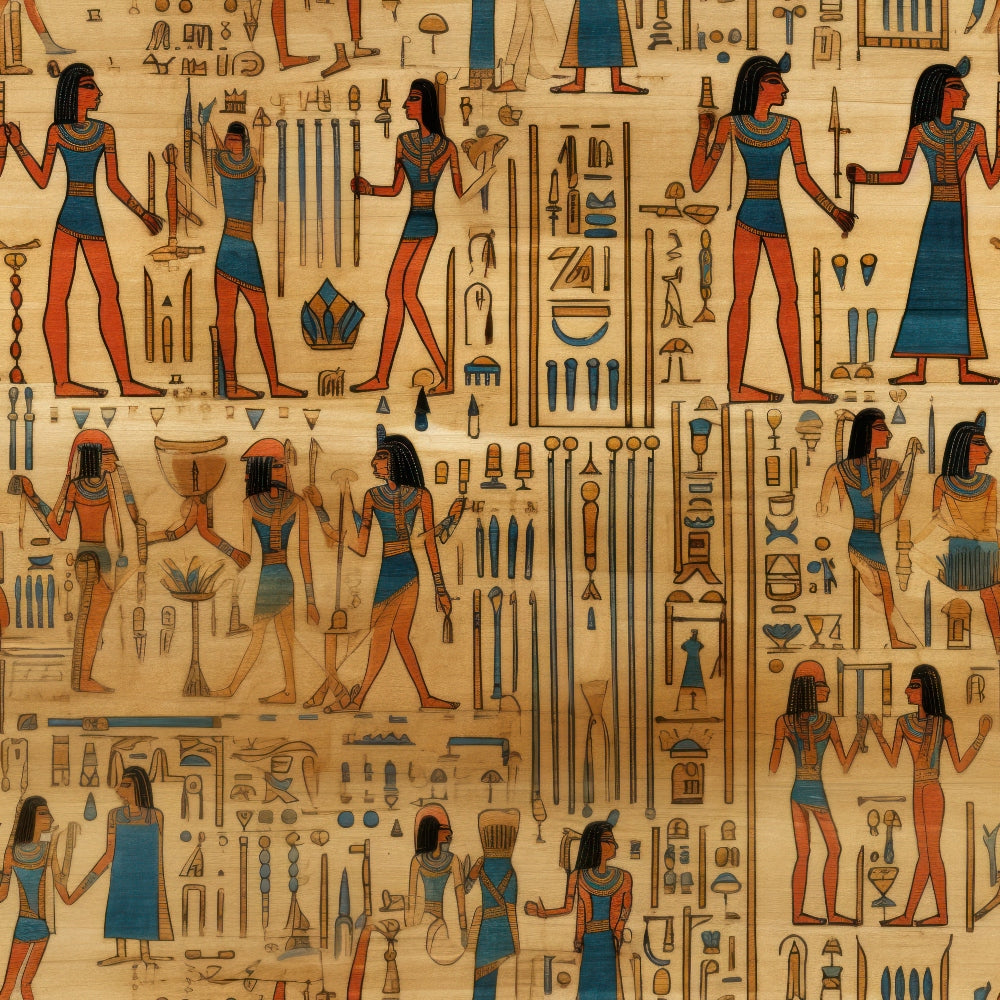 ancient egypt, hieroglyphics, egyptian figures, papyrus background, teal blue, rust orange, beige, gold accents, pharaohs, egyptian gods,, fabric panel, archaeological motifs, desert tones, mythological scenes, ancient symbols, egyptian art style, mummy wrappings, ceremonial poses, antique finish