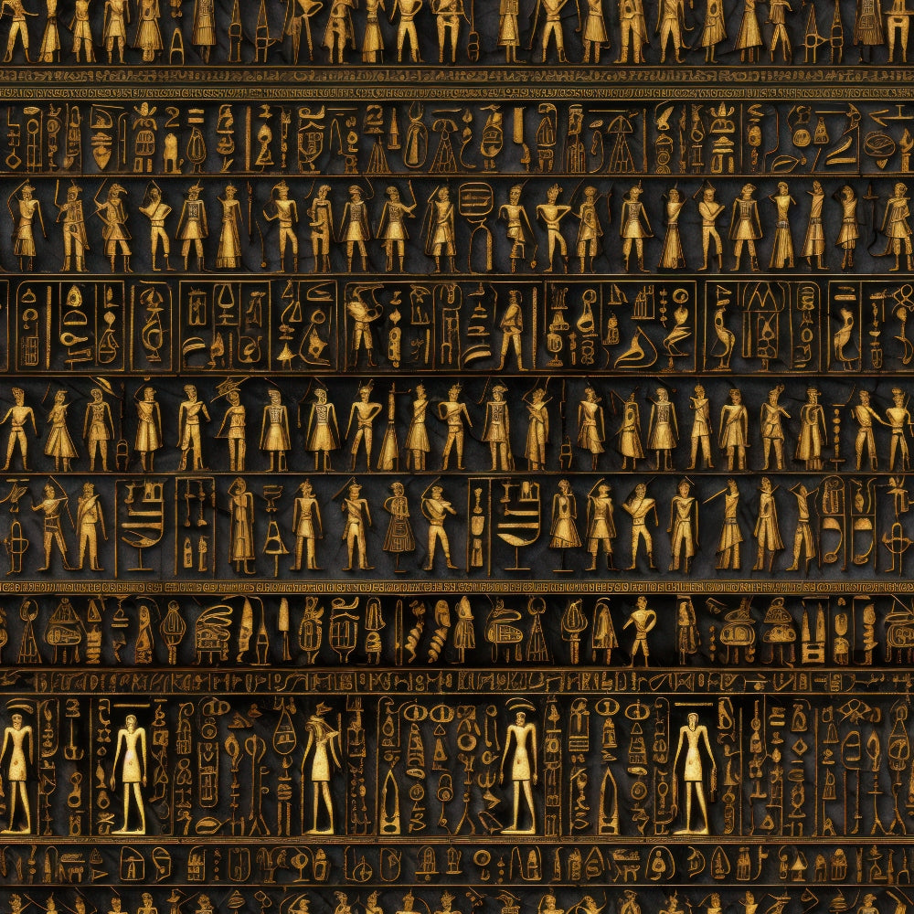 golden, black, hieroglyphics, ancient egypt, egyptian figures, pharaohs, gods, deities, repetitive rows, geometric symbols, antiqued appearance, metallic finish,, fabric panel, archaeological motifs, historical design, amber tones, bronze coloring, mystical atmosphere, detailed engravings
