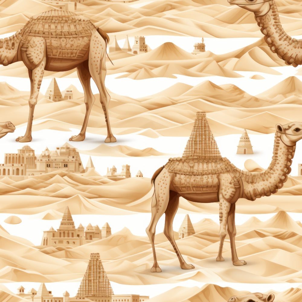 beige, tan, cream, sandy brown, camels, pyramids, desert landscape, ancient architecture, egyptian temples, sand dunes, monochromatic, seamless repeat,, fabric panel, middle eastern, archaeological sites, dromedary camels, geometric buildings, warm tones, desert animals
