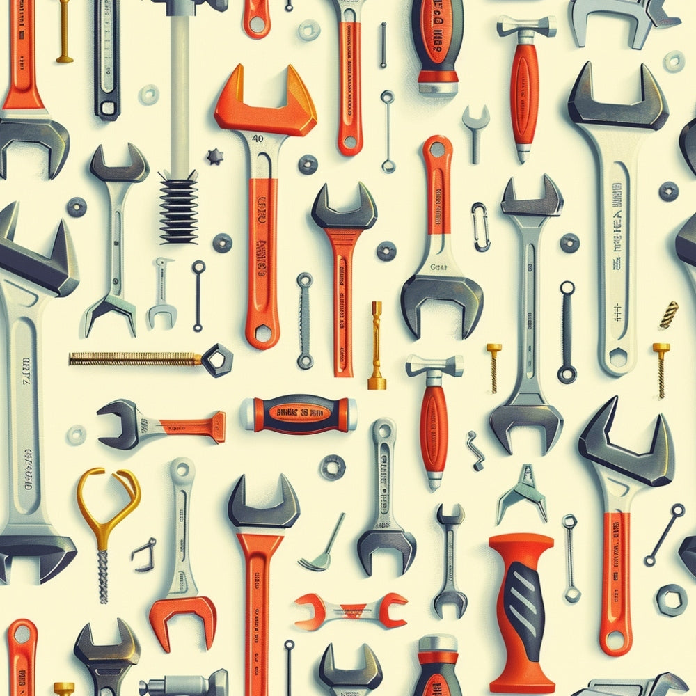 A pattern of various tools, including wrenches, screwdrivers, and bolts, arranged on a light background.