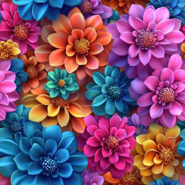 3d florals, vibrant flowers, dahlias, multi-colored blooms, pink petals, blue flowers, orange blossoms, purple flowers, teal blooms, yellow flowers, dimensional effect, realistic flowers, floral pattern,, fabric panel, botanical design, bright colors, layered petals, flower centers, contemporary style