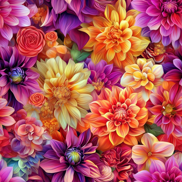 vibrant flowers, dahlia blooms, purple petals, orange blossoms, pink roses, yellow centers, coral tones, magenta hues, floral pattern, botanical design, 3d effect, realistic flowers,, fabric panel, layered petals, garden flowers, warm colors, cool purples, dense floral, blooming design
